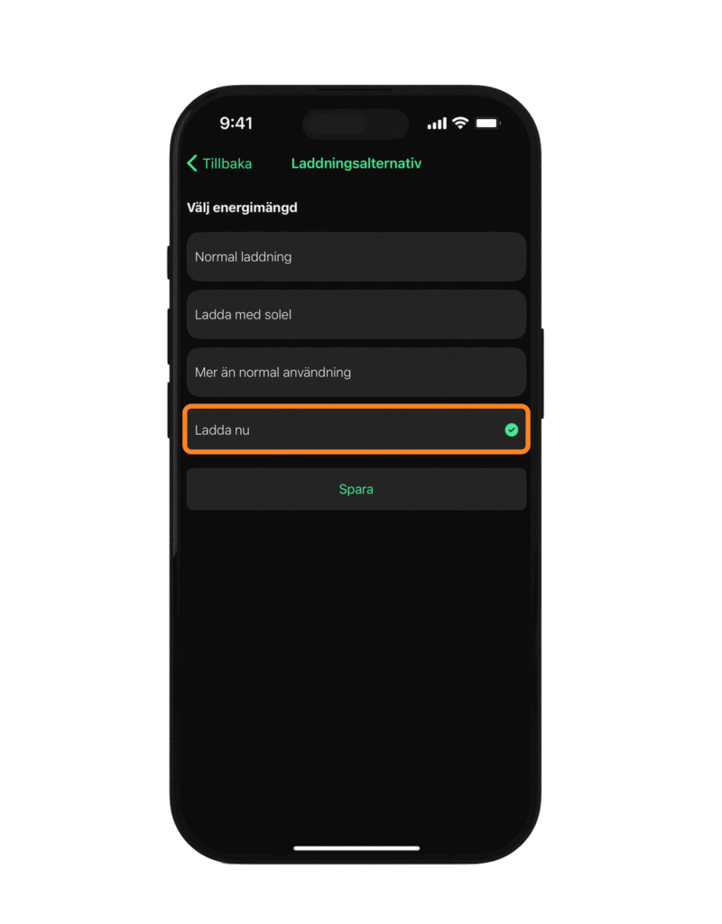 Laddläget "Ladda nu" i Thiink-appen