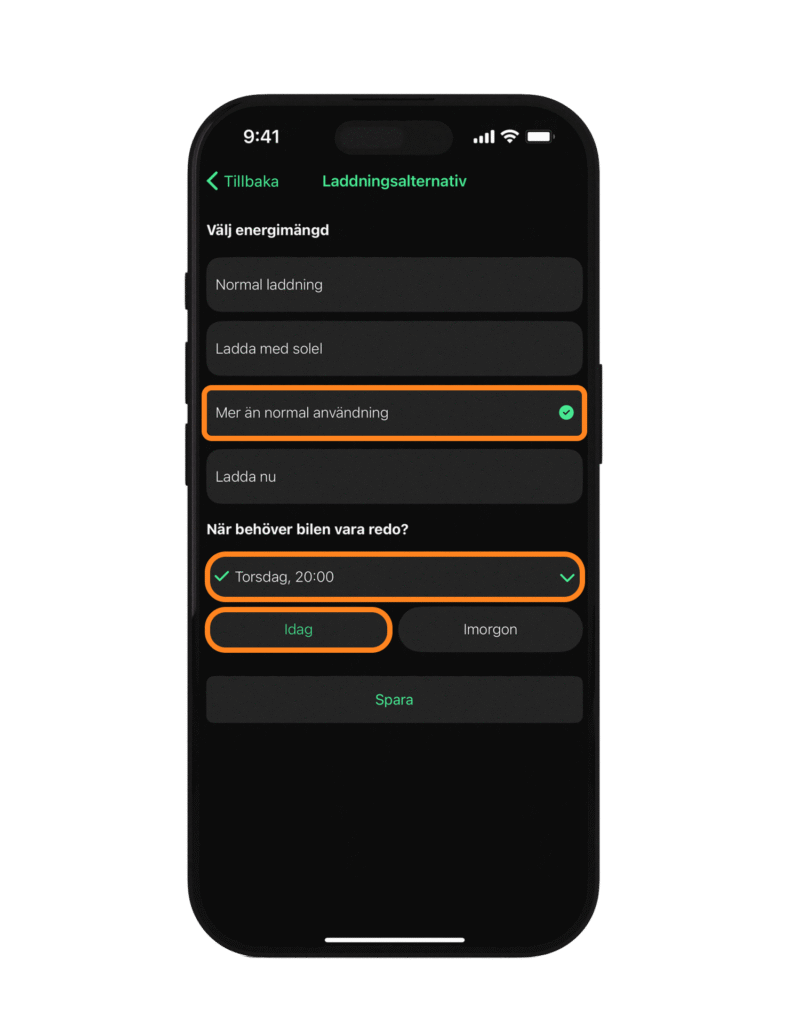 Laddläget "Mer än normal laddning" i Thiink-appen