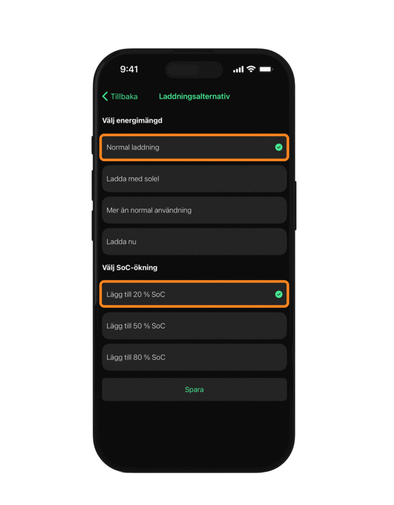 Laddläget "Normal laddning" i Thiink-appen